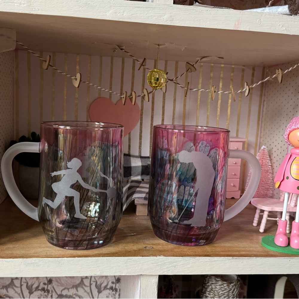 Etched Glass Beer Mug Golf and Tennis pink